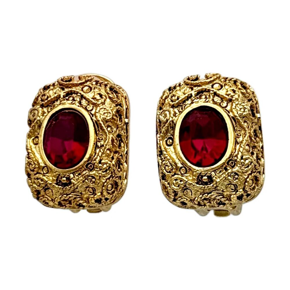 Kenneth Jay Lane Gold Plated Rococo Filigree Clip Earrings with Ruby Red Crystal